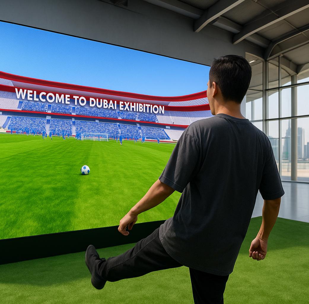 Guests playing a digital soccer penalty shootout game at an event, featuring real-time scoring, interactive gameplay, and customizable branding in the UAE